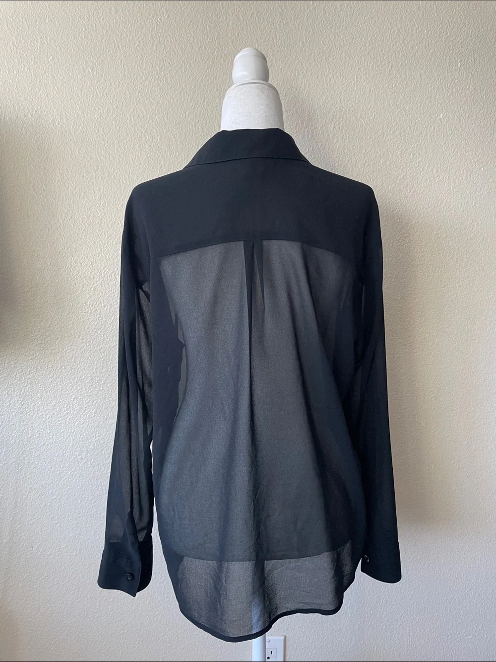 Open Edit Black Sheer Button Front Long Sleeve Blouse Size M Office Minimalist
